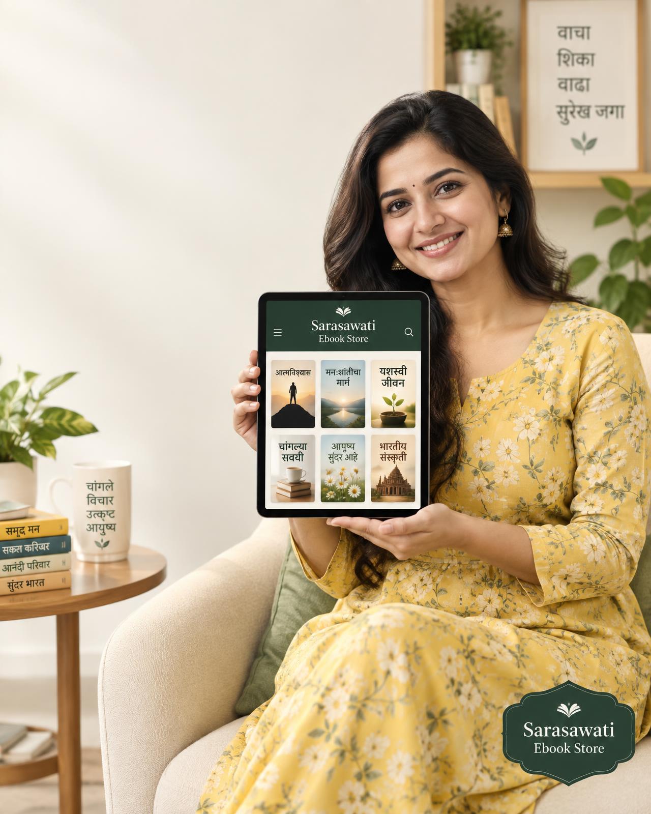 टॅबलेटवर Sarasawati Ebook Store ची मराठी ई-बुक्स दाखवणारी वाचक